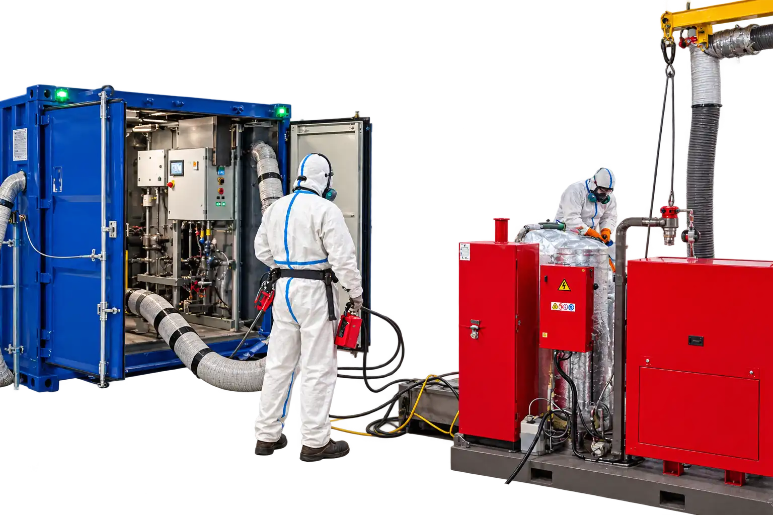 Opérateur sur un chantier de désamiantage avec protection respiratoire